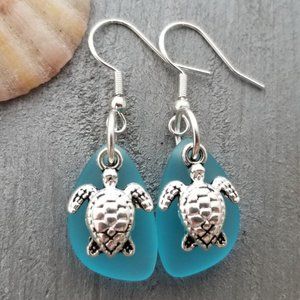 Twin Turtle + Turquoise Blue Sea Glass Earrings Women Jewelry Gift